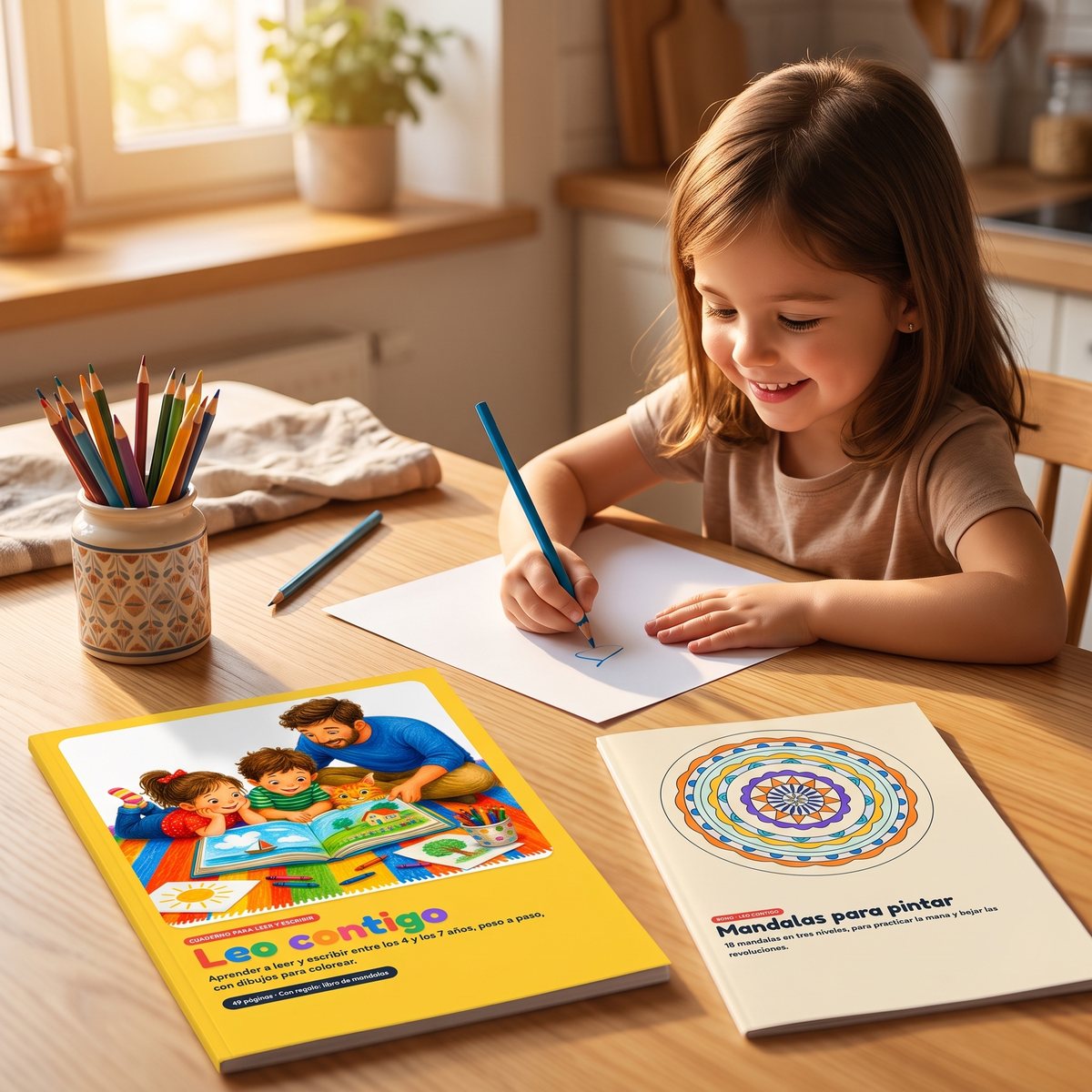 Niña escribiendo en la mesa de la cocina junto al cuaderno Leo contigo y el libro de mandalas impresos